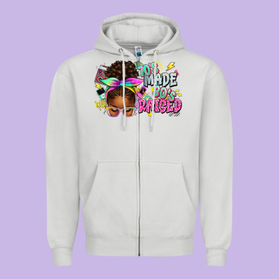 70's Made 80's Raised Afro Messy Bun Zipper Hoodie Designed By Texasbilliewilder