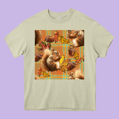 Fall Squirrel And Plaid Seamless Heavy Core Tee Designed By Bundleandbundleshop