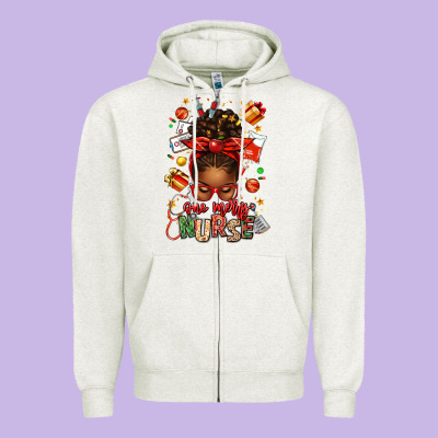 One Merry Nurse Afro Messy Bun Zipper Hoodie Designed By Texasbilliewilder