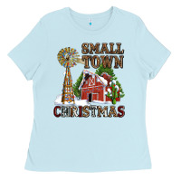 Baby Blue small town christmas with barn and cactus Ladies Tee - AdoDesignShop