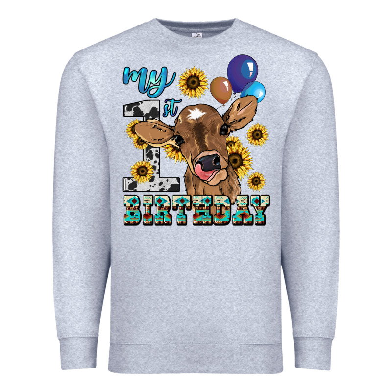 My First Birthday Baby Cow Sunflower Premium Sweatshirt by HowdyJamesFarm | Teevron