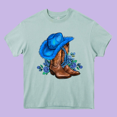 Valentines Day Blue Boots Cowgirl Hat And Roses Heavy Core Tee Designed By Adodesignshop