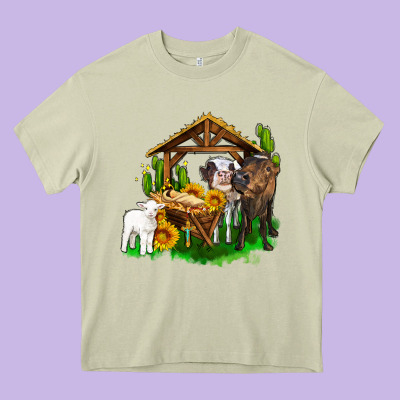 Jesus Holy Night Cows And Sunflowers Heavy Core Tee Designed By Adodesignshop