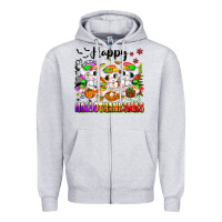 Heather Grey happy hallothanksmas unicorns Zipper Hoodie - texasbilliewilder