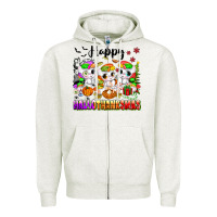Oatmeal Heather happy hallothanksmas unicorns Zipper Hoodie - texasbilliewilder