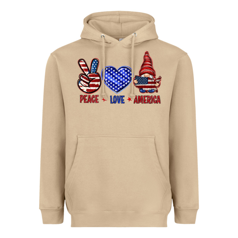 Peace Love America With Gnome 4th Of July Heavyweight Hoodie by HowdyJamesFarm | Teevron