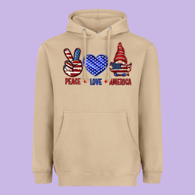 Peace Love America With Gnome 4th Of July Heavyweight Hoodie Designed By Howdyjamesfarm