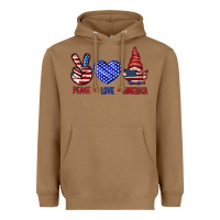 Toasted Coconut Peace love America with gnome 4th of july Heavyweight Hoodie - HowdyJamesFarm