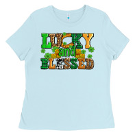 Baby Blue lucky and blessed with coins and shamrocks Ladies Tee - AdoDesignShop