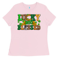 Bubblegum Pink lucky and blessed with coins and shamrocks Ladies Tee - AdoDesignShop