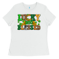 White lucky and blessed with coins and shamrocks Ladies Tee - AdoDesignShop