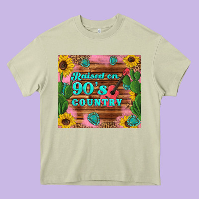 Raised 90's Country Guitar Cactus Sunflower's Heavy Core Tee Designed By Artiststas