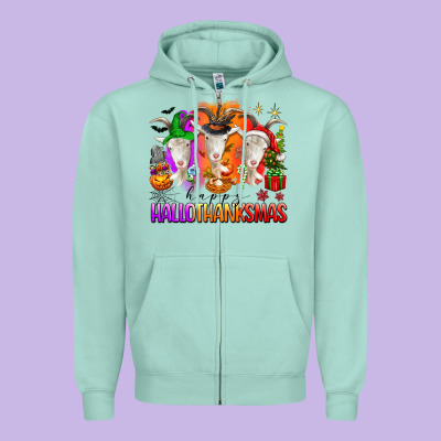 Happy Hallothanksmas Goats Zipper Hoodie Designed By Texasbilliewilder