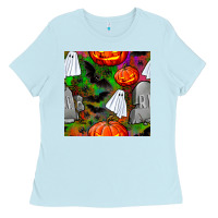 Baby Blue halloween ghost and headstone seamless pattern Ladies Tee - BundleAndBundleShop