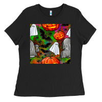 Black halloween ghost and headstone seamless pattern Ladies Tee - BundleAndBundleShop