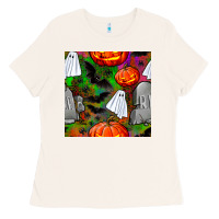 Halloween Ghost And Headstone Seamless Pattern Ladies Tee | Teevron