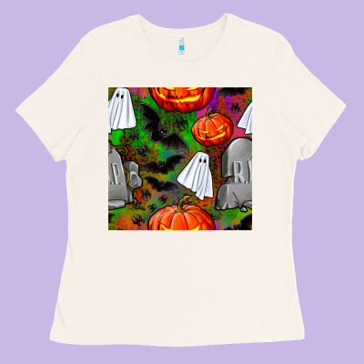 Halloween Ghost And Headstone Seamless Pattern Ladies Tee Designed By Bundleandbundleshop