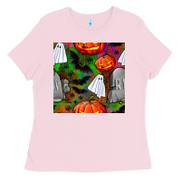 Bubblegum Pink halloween ghost and headstone seamless pattern Ladies Tee - BundleAndBundleShop