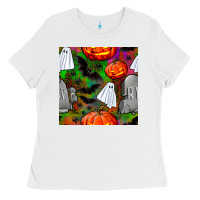 White halloween ghost and headstone seamless pattern Ladies Tee - BundleAndBundleShop