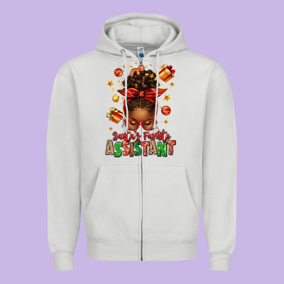 Santa's Favorite Assistant Afro Messy Bun Zipper Hoodie Designed By Texasbilliewilder