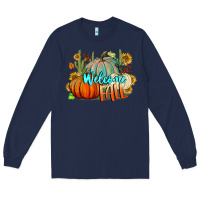 Navy Welcome Fall Pumpkins Long Sleeve Tee - BundleAndBundleShop