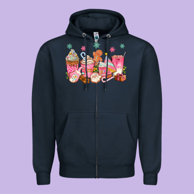 Pink Gingerbread Coffee Cups Zipper Hoodie Designed By Texasbilliewilder