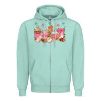 Seafoam Pink gingerbread coffee cups Zipper Hoodie - texasbilliewilder