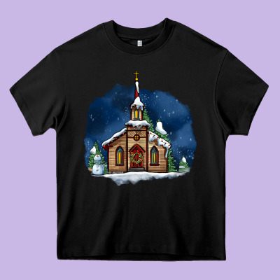 Christmas Church And Snow Heavy Core Tee Designed By Adodesignshop