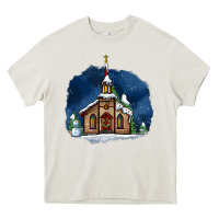 Cream Christmas church and snow Heavy Core Tee - AdoDesignShop