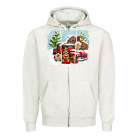 Oatmeal Heather Christmas gnomes with red truck Zipper Hoodie - NancyCooperArtShop