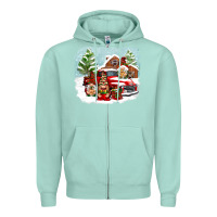 Seafoam Christmas gnomes with red truck Zipper Hoodie - NancyCooperArtShop