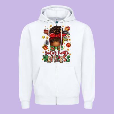 Santa's Favorite Waitress Messy Bun Zipper Hoodie Designed By Texasbilliewilder