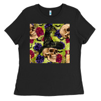 Black halloween witch skull seamless pattern Ladies Tee - BundleAndBundleShop