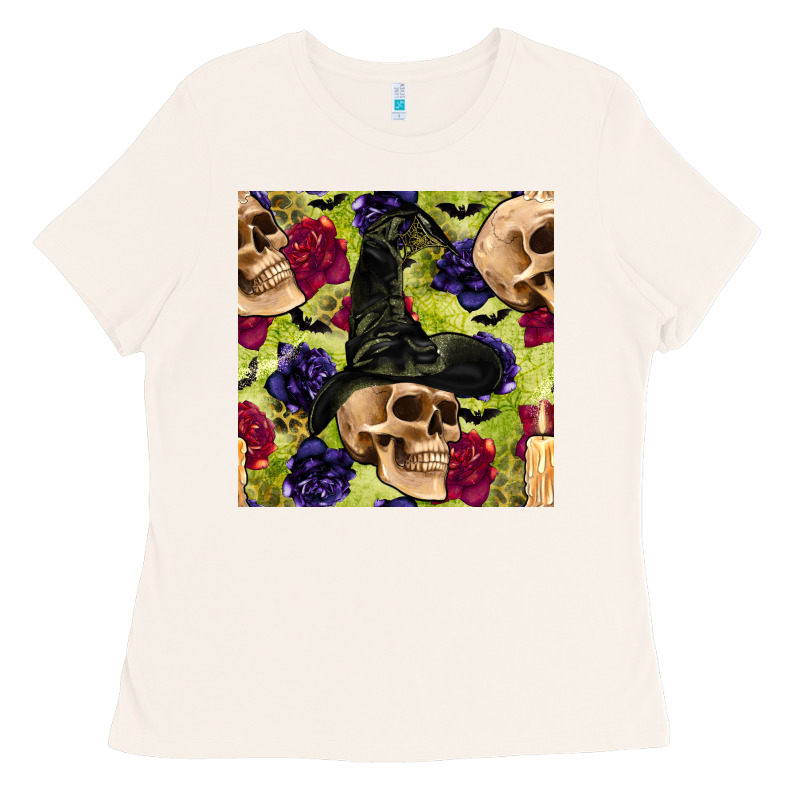 Halloween Witch Skull Seamless Pattern Ladies Tee by BundleAndBundleShop | Teevron
