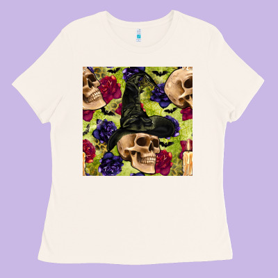 Halloween Witch Skull Seamless Pattern Ladies Tee Designed By Bundleandbundleshop