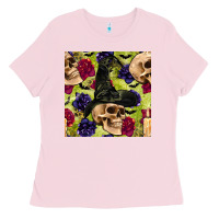Bubblegum Pink halloween witch skull seamless pattern Ladies Tee - BundleAndBundleShop