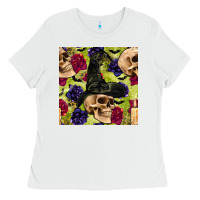 White halloween witch skull seamless pattern Ladies Tee - BundleAndBundleShop