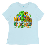 Baby Blue my first st patricks day with coins and shamrocks Ladies Tee - AdoDesignShop