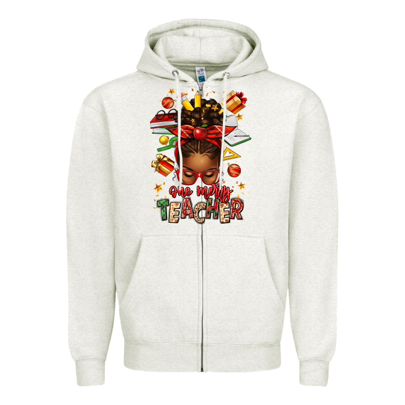 One Merry Teacher Afro Messy Bun Zipper Hoodie by texasbilliewilder | Teevron