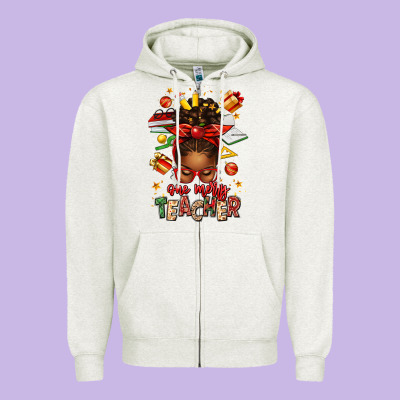 One Merry Teacher Afro Messy Bun Zipper Hoodie Designed By Texasbilliewilder