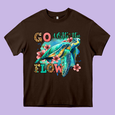 Go With The Flow Floral Turtle Heavy Core Tee Designed By Jasminsmagicworld