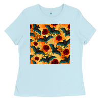 Baby Blue halloween bat and roses seamless pattern Ladies Tee - BundleAndBundleShop