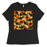 Black halloween bat and roses seamless pattern Ladies Tee - BundleAndBundleShop