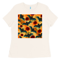 Bone halloween bat and roses seamless pattern Ladies Tee - BundleAndBundleShop