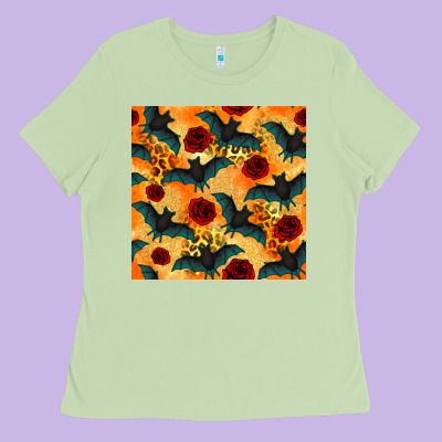 Halloween Bat And Roses Seamless Pattern Ladies Tee Designed By Bundleandbundleshop