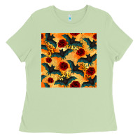 Matcha halloween bat and roses seamless pattern Ladies Tee - BundleAndBundleShop
