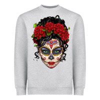 Heather Grey mexican sugar skull messy bun woman Heavyweight Sweatshirt - LillyAllenDesigns