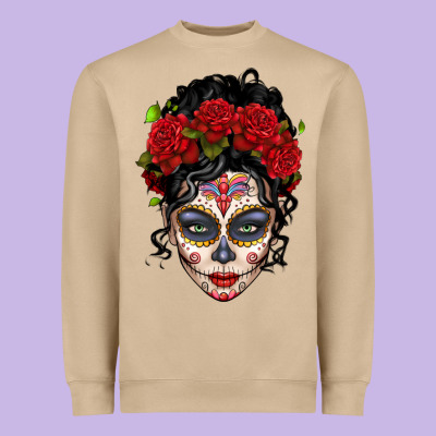 Mexican Sugar Skull Messy Bun Woman Heavyweight Sweatshirt Designed By Lillyallendesigns