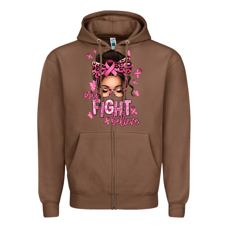 Pray Fight Believe Breast Cancer Afro Messy Bun Zipper Hoodie by texasbilliewilder | Teevron