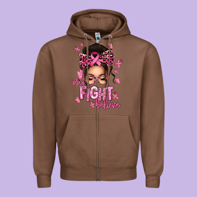 Pray Fight Believe Breast Cancer Afro Messy Bun Zipper Hoodie Designed By Texasbilliewilder